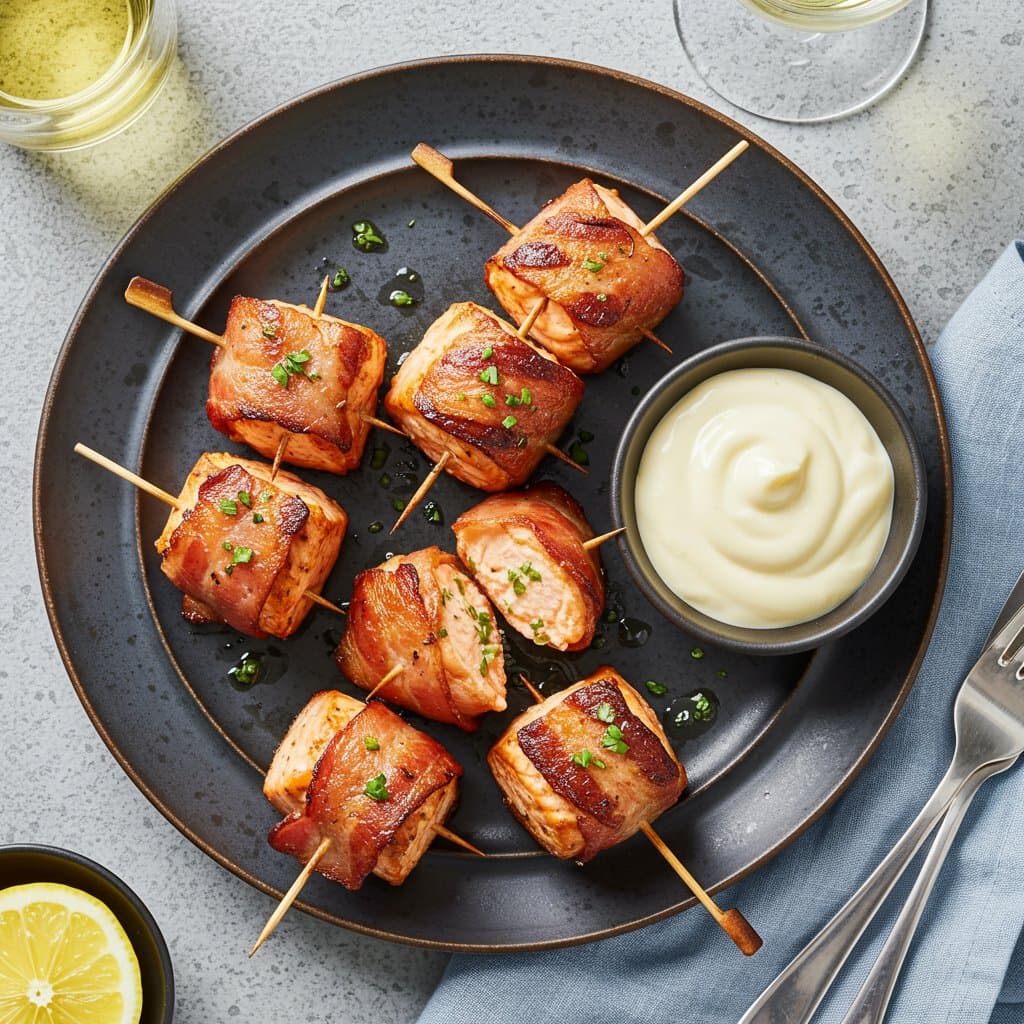 Grilled Bacon-Wrapped Salmon Bites with Lemon Garlic Mayo