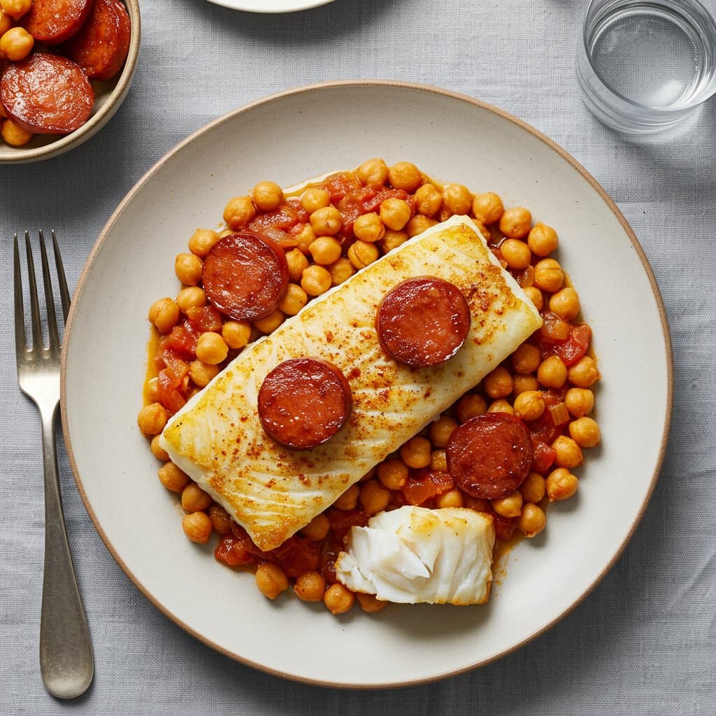 Roasted Spanish-Style Cod With Chorizo and Chickpeas